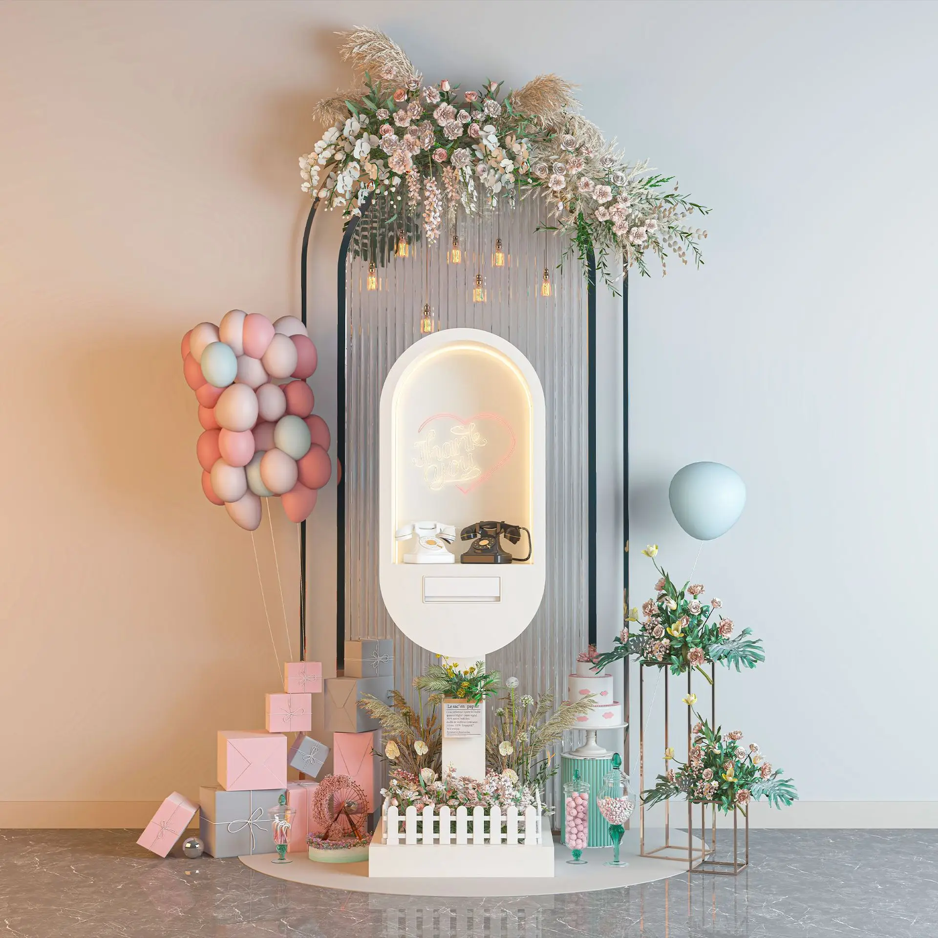 Floral Design  Telephone Booth Antique White Metal Telephone Booth Stand for Wedding Video Guest Book & Party Decorations
