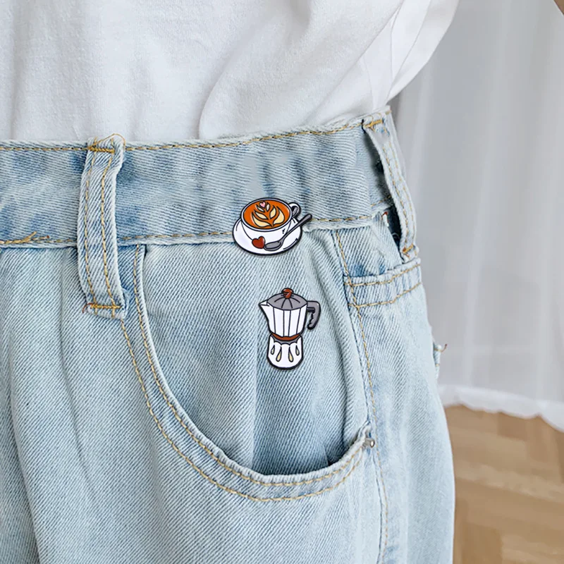 Vintage cartoon handmade coffee brooch cup coffee machine design pin clothing hat bag accessories badge patch gift