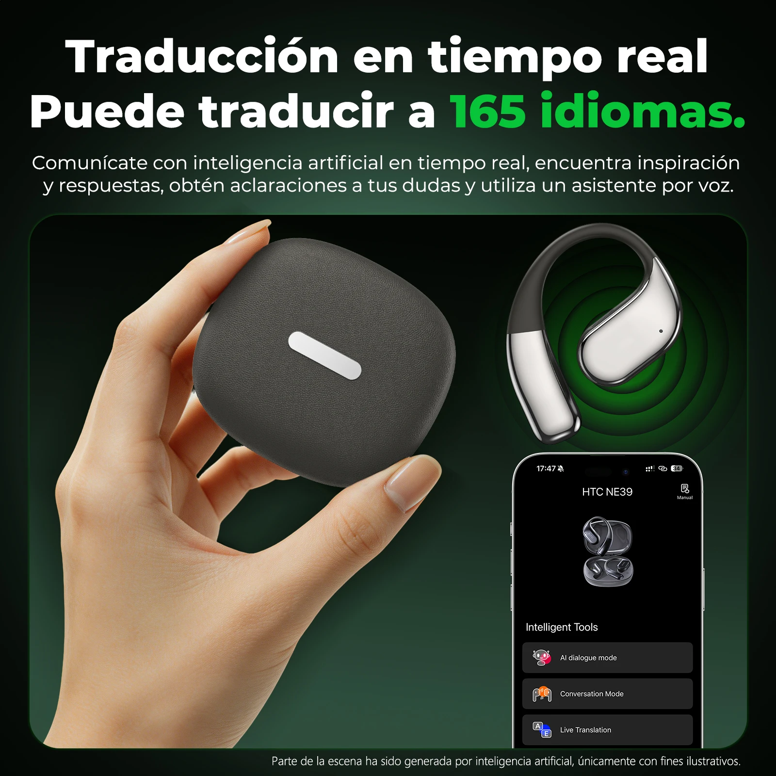 Auriculares Traductores con IA de Oído Abierto HTC NE39 Mejorados, Traducción en Tiempo Real de Idiomas, Traducción Bidireccional, Auriculares Bluetooth Inalámbricos para Viajes