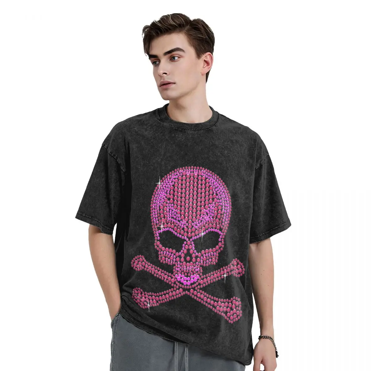 Pink Rhinestones Skulls & Crossbones Washed T Shirt Streetwear Hip Hop Retro T-Shirt Tees Tops Men Women Cotton Oversize Summer