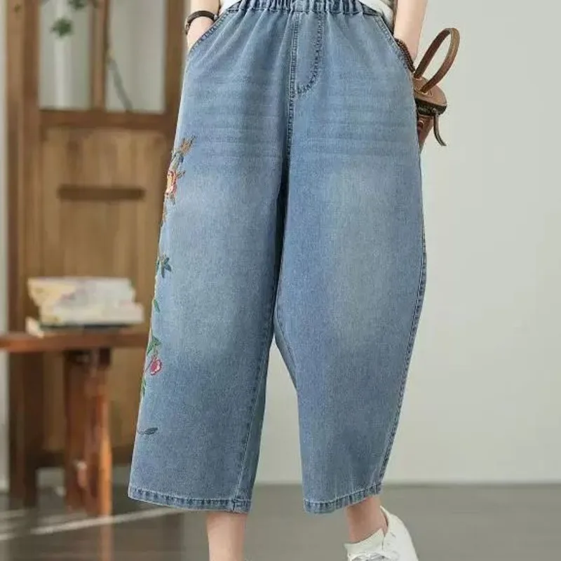 Women Retro Floral Embroidered Cowboy Wide Leg Pants 2025 Spring Summer Casual Elastic High Waist Jeans Loose Denim Pants