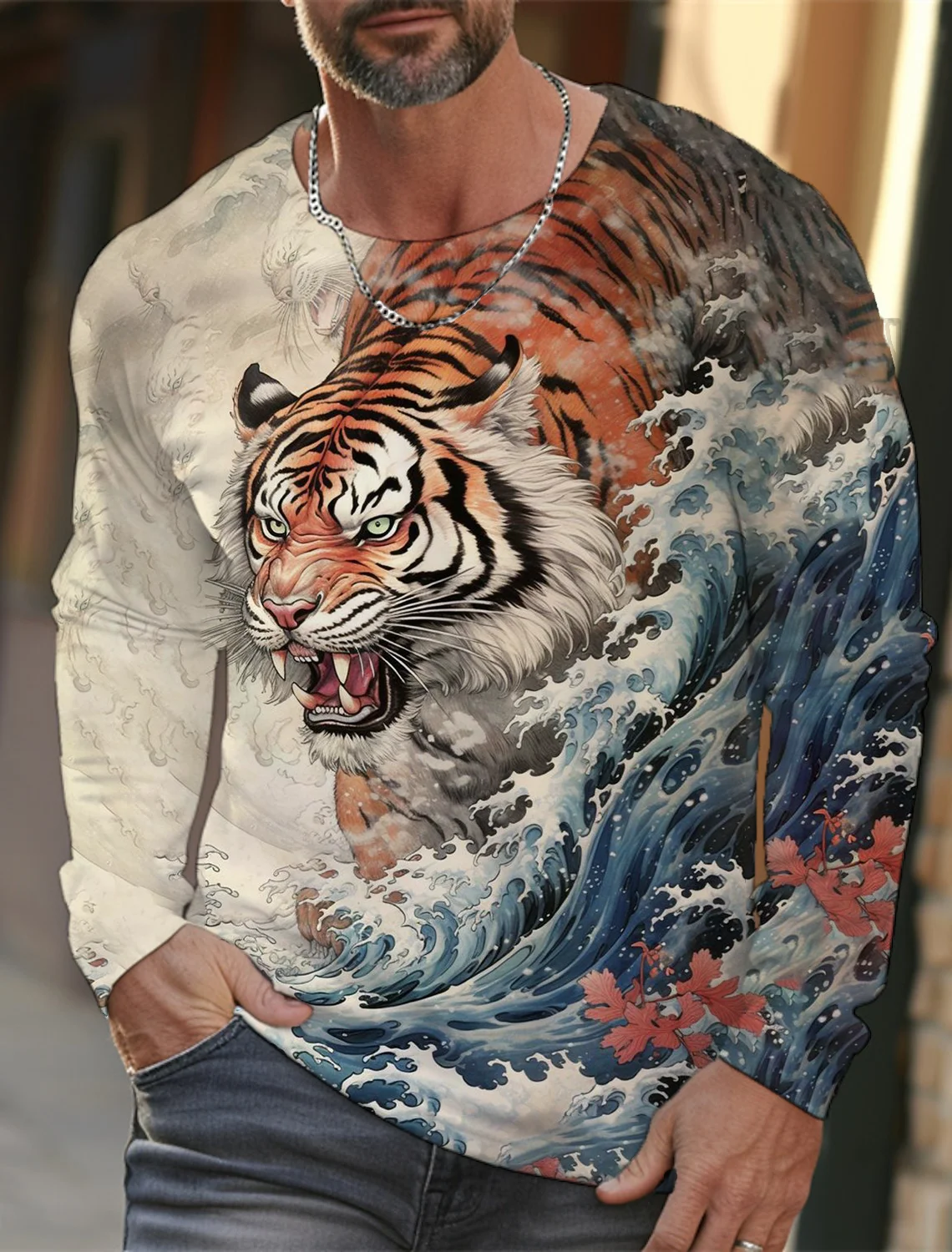 2024 new men\'s Ukiyoe long-sleeved T-shirt 3D printed high-definition tiger print men\'s autumn tops casual round neck T-shirt