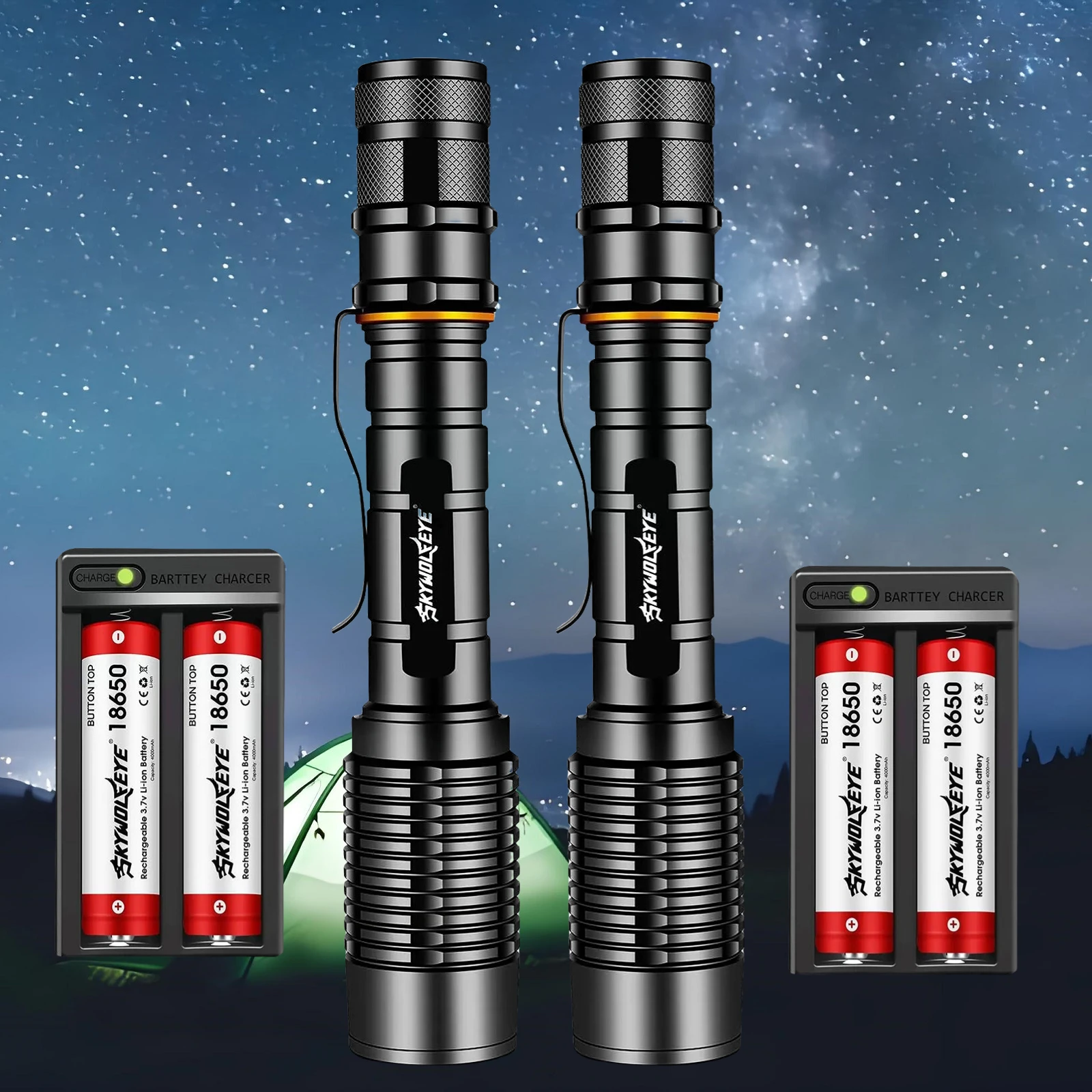 Skywolfeye 2 Pack High Lumens LED Flashlights 5 Modes Portable Torches Zoom with Clip for Car Repair Inspection