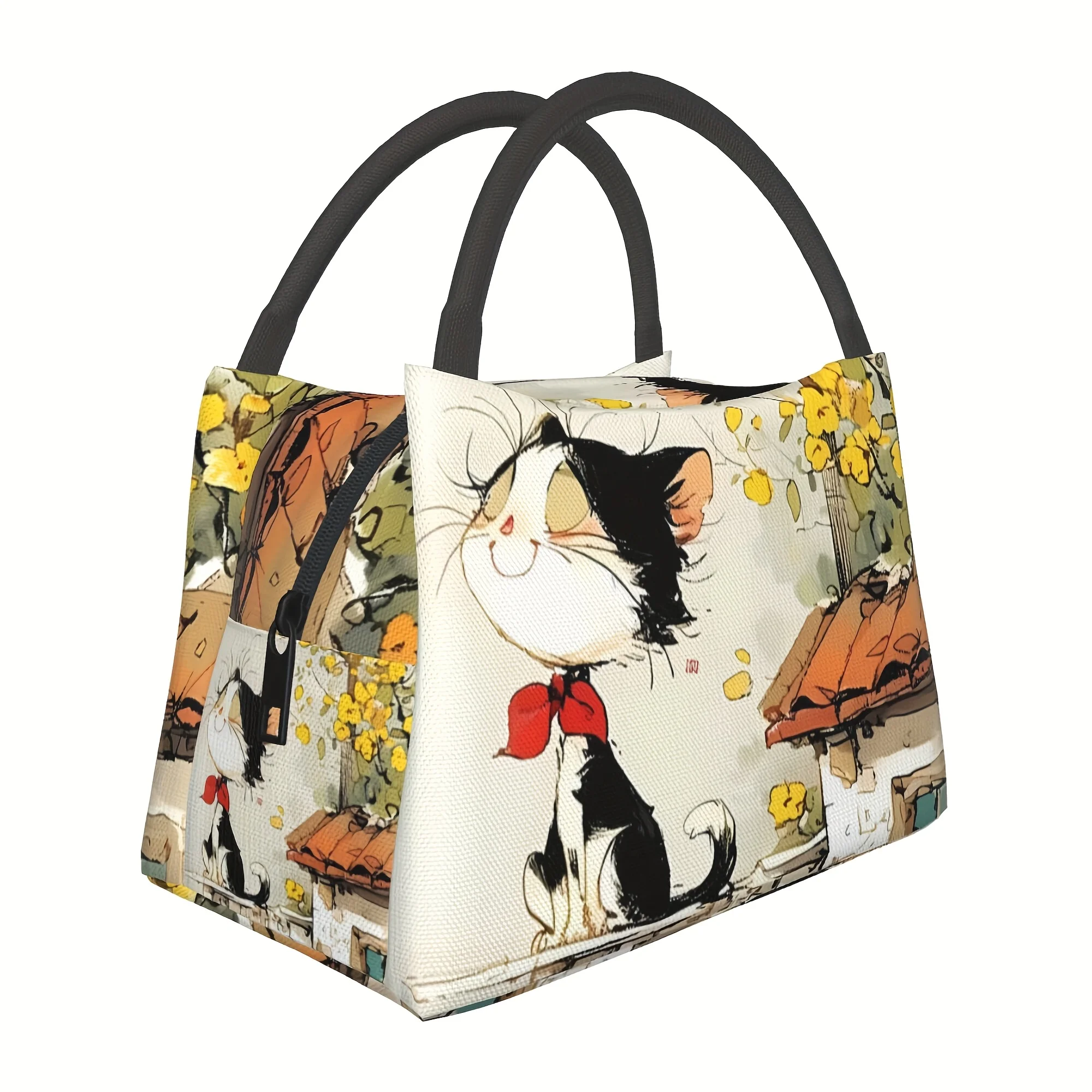 

1pc Insulated Lunch Bag With Elegant Kitten Pattern - Portable Reusable Cooler Tote For Camping, Beach, Office & Home