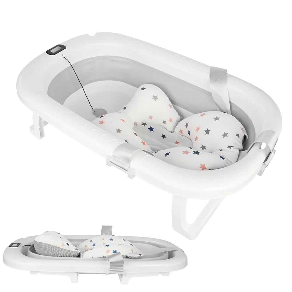 Baignoire Bébé Pliable avec Coussin de Bain et Thermomètre Intégré - Idéal pour Cadeau de Naissance Fille ou Garçon - Rose/Gris/Ver/Bleu