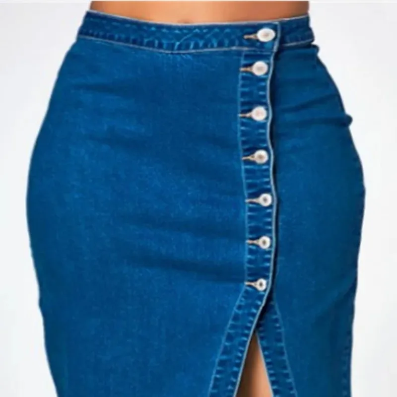 

Knee Length Denim Washed Skirts Sheath Solid Women Wrap Buttocks Pencil Skirt Skinny Sexy Spliced Button Pockets Slim Fit