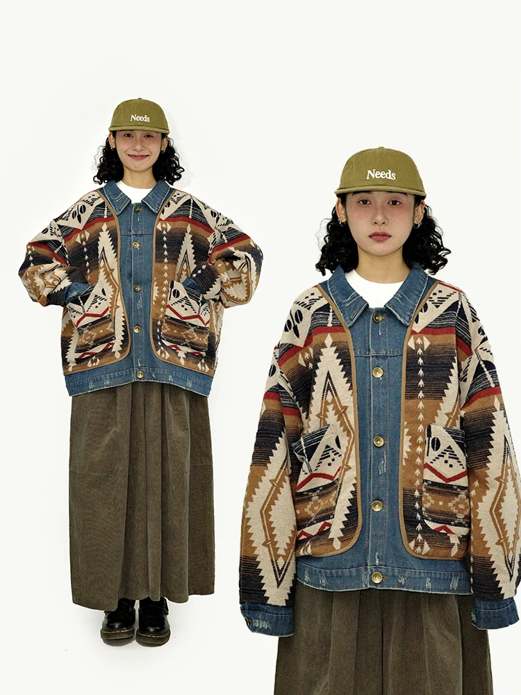 

Gulu Oh Loose Denim Patchwork Jacket Couples Ethnic Style Outerwear Spring Autumn Vintage Japanese System Cotton Polyester