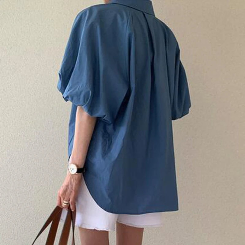 Fashion Blue Short Sleeve Loose Casual Shirt Women Summer Puff Seeve Blouse Women Tops Slim Elegant Vintage Lady Shirts New 8385