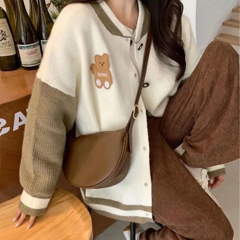 Patchwork Sweater Women Preppy Style Button Long Sleeve Sweatshirt Loose Knitted Baseball Japanese Casual Sweet Jacket