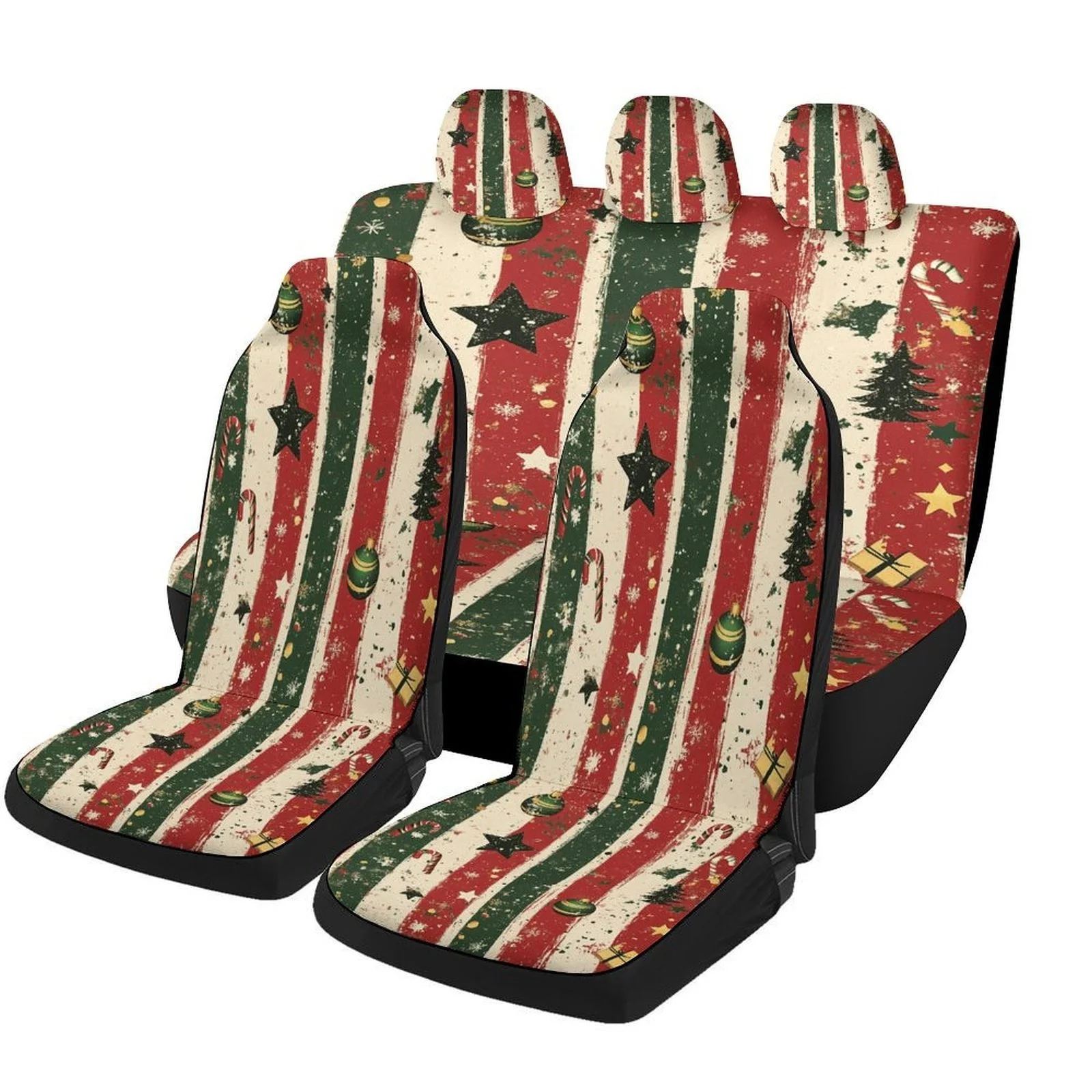 Set Of Car Seat Covers Featuring A Christmas Stripes Design, Suitable For A Variety Of Vehicles. These Stylish And High-Quality