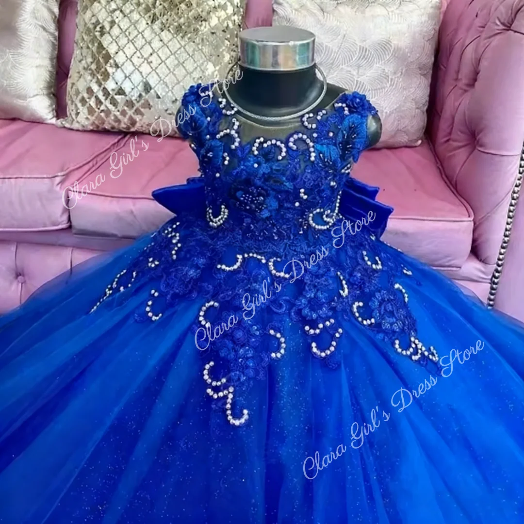 Custom Flower Girl Dress Royal Blue Sequin Sparkle Tulle Dress Ball Gown Wedding Birthday Party Girl Dress