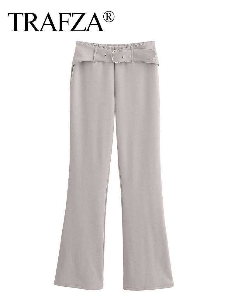 TRAFZA Women's Simple Fashion Belted Double-Faced Fabric Flared Trousers Female Elegant High Street Casual Ankle Length Pants