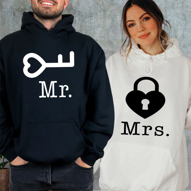 Autumn Couple Key Lock Mr Mrs Print Hoodies Casual Women Man Hooded Lover Long Sleeve Streetwear Harajuku Couple Sweatshirts