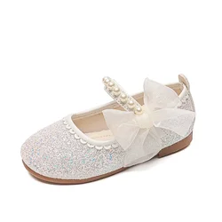 Children Fashion Girls Mary Janes for Party Wedding Show 2024 Side Bowtie Pearls Elegant Princess Shoes Chic Kids Shoes Non-slip