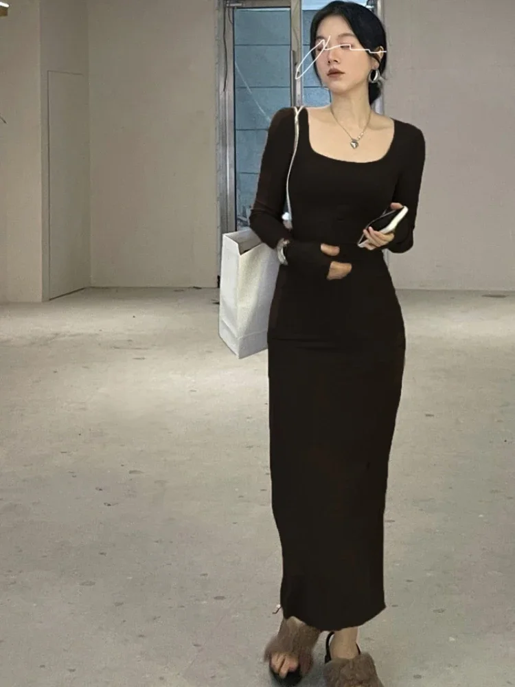 Y2k damska obcisła sukienka Slim Fit z długim rękawem sukienka z wysokim stanem i rozcięciem z rozcięciem i Maxi sukienki nowa prostota odzież damska mody — zdjęcie 7