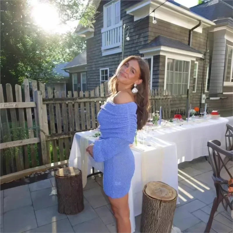 セクシーなオフショルダーミニニットドレス女性のためのシースルー長袖弾性女性ドレス夏のファッション女性 Vestidos