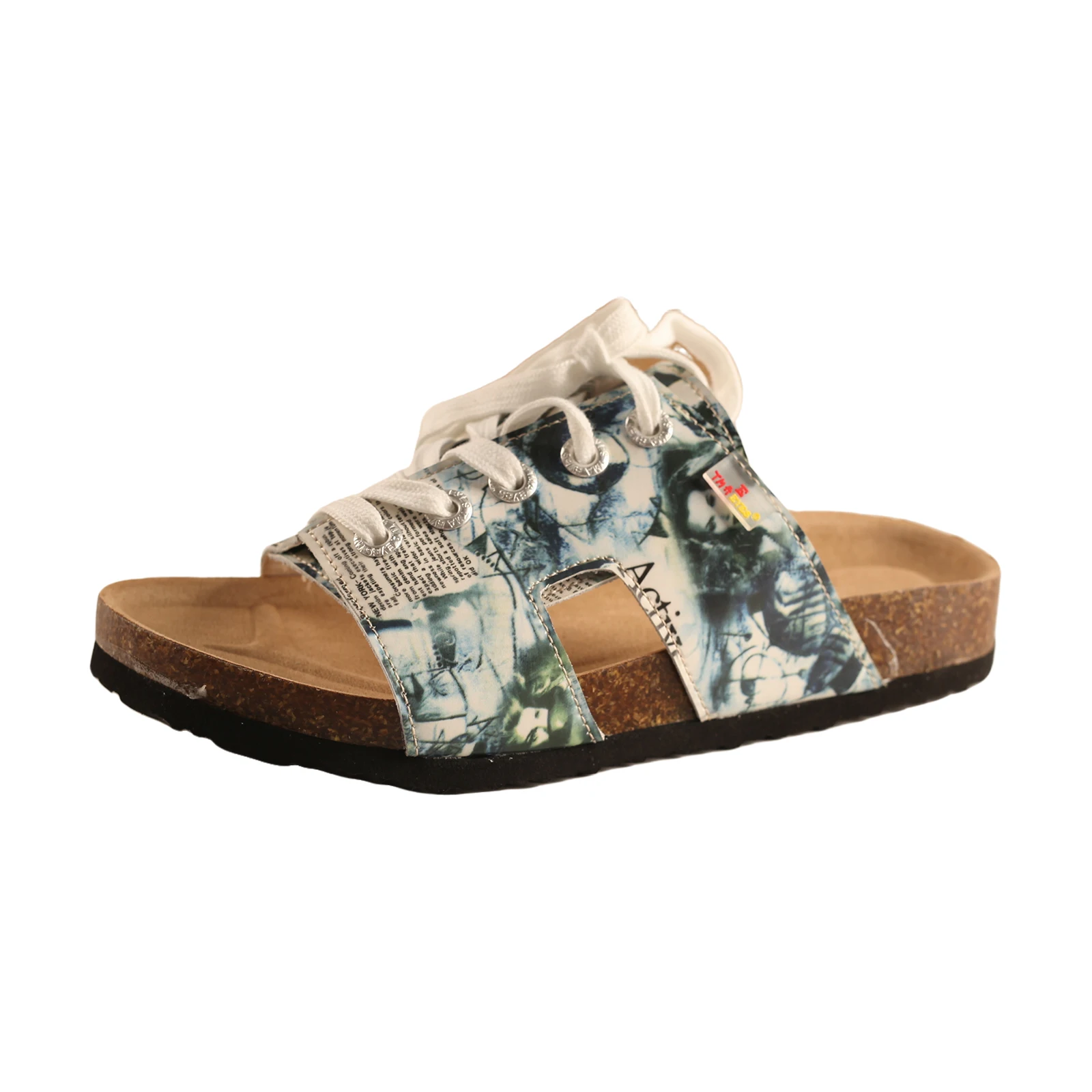 TMA EYES Damen Kunstvolle Schnür-Sandalen mit breiter Passform, Korksohlen, Zeitungsmuster, Lässige Slip-On Sommerschuhe – Detail 5