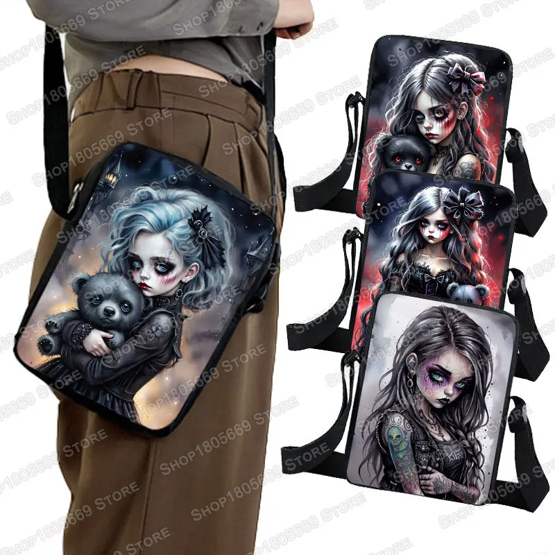 

Cartoon Gothic Girl and Bear Doll Print Crossbody Bags Cool Goth Women Handbag Kids Bookbag Storage Bag Phone Holder Gift