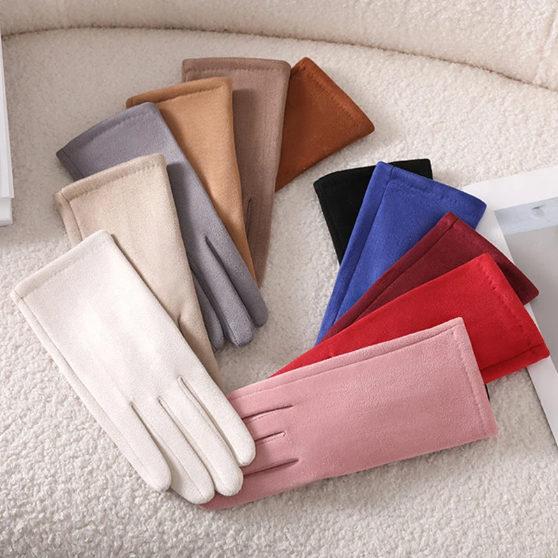 

Многоцветные женские зимние перчатки из замши с сенсорным экраном, простой стиль, с плюшевой подкладкой, не объемные, защищают от холода