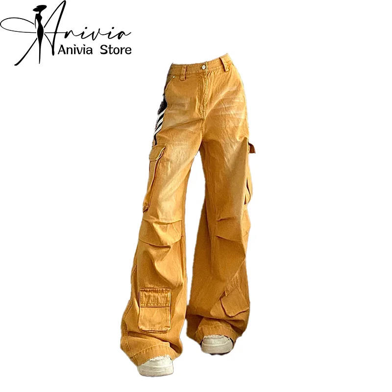 

American Retro Orange Women's Patchwork Striped High Street Denim Workwear Pants Y2K Design Fashionable Loose Wide Leg Pants New