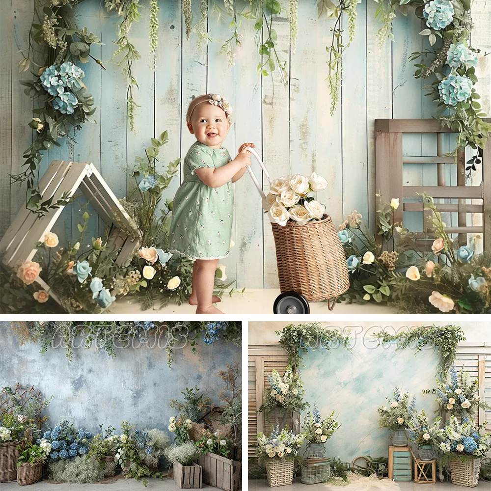 Spring Photography Backdrop Photo Booth Green Blue Flower Basket Countryside Romantic Birthday Portrait Background Photo Studio