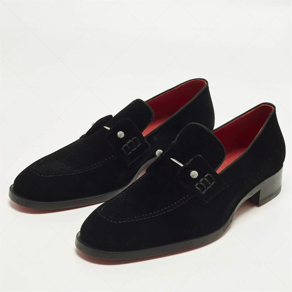 

Black Velvet Slip on Loafers Round Toe Flat Rhinestone Decor Elegant Men Low Heel Casual Shoes for Daily Wear Spring Autumn