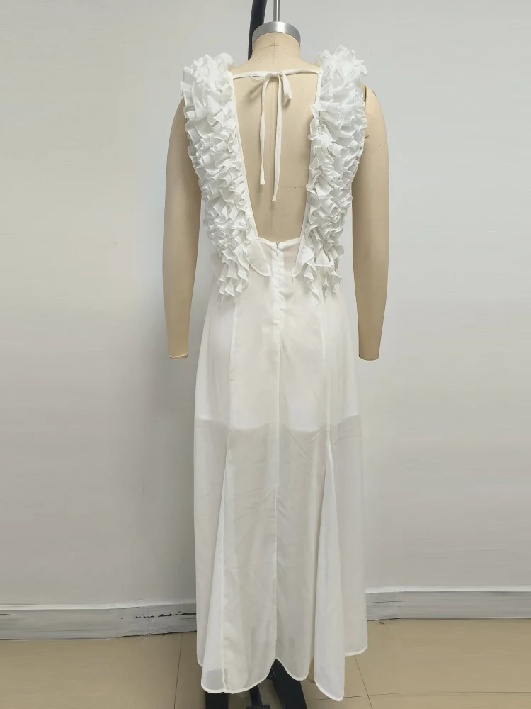 Vestido largo sexi con escote en V profundo y volantes con cordones y flores para mujer, vestidos ajustados florales sin mangas y espalda descubierta para fiesta de cumpleaños y cóctel