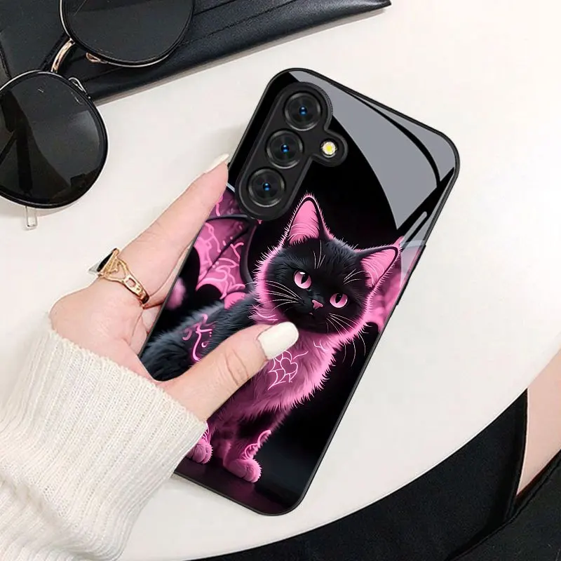 Black Cat Cute Cartoon Pattern Glass Phone Case for Samsung Galaxy S26 S25 S24 S23 S21 S20 fe/plus/Ultra Hard Case Back Cover