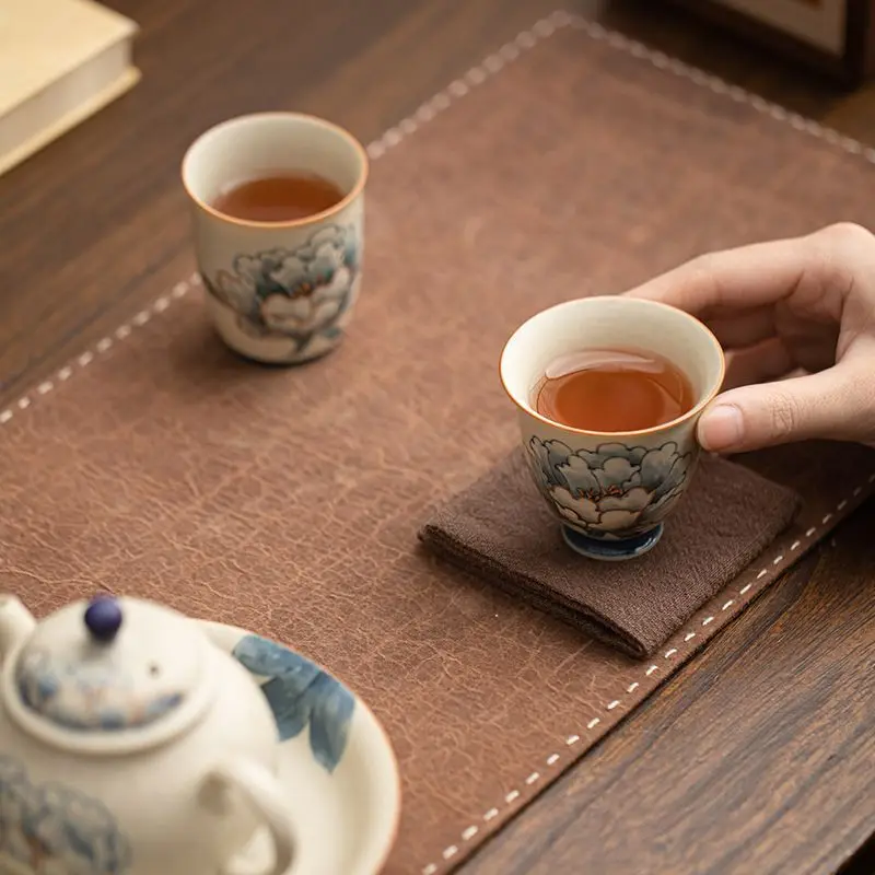 Su's Ceramics Hand-Painted Gold-Embellished Blue And White Peony Tea Cups With Firestone Red Glaze Set Of Two For Hosts