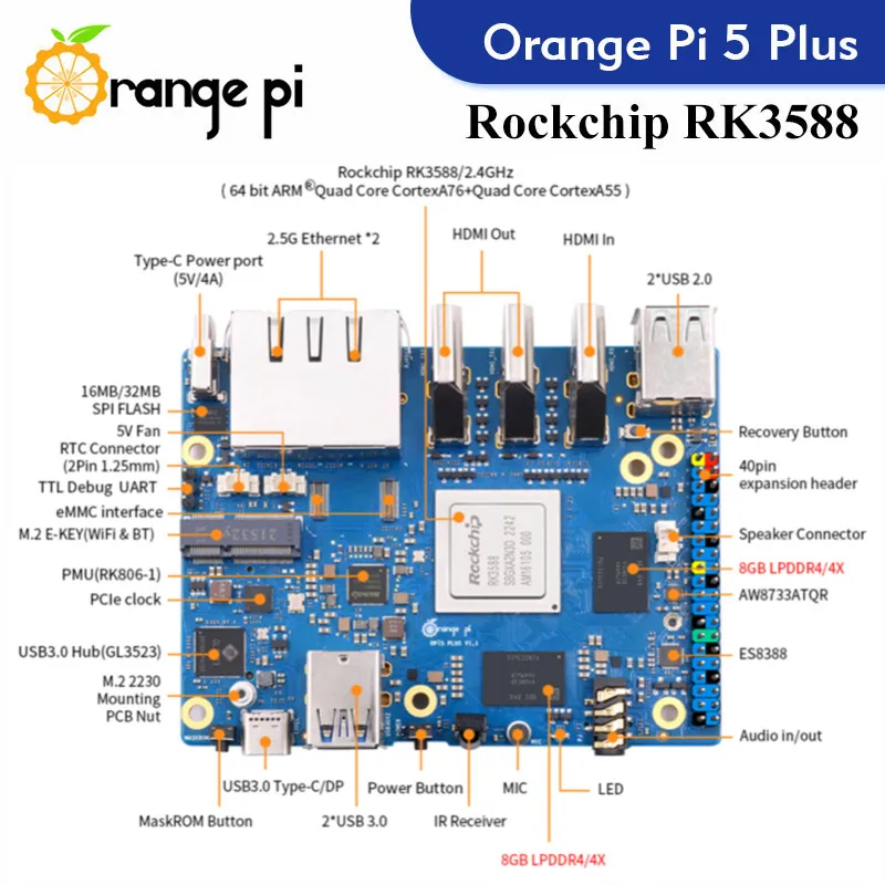 Laranja Pi 5 Mais Computador de Placa Única, RK3588, Módulo PCIE, WiFi-BT Externo, SSD 8K, Desenvolvimento Demo, 16G RAM