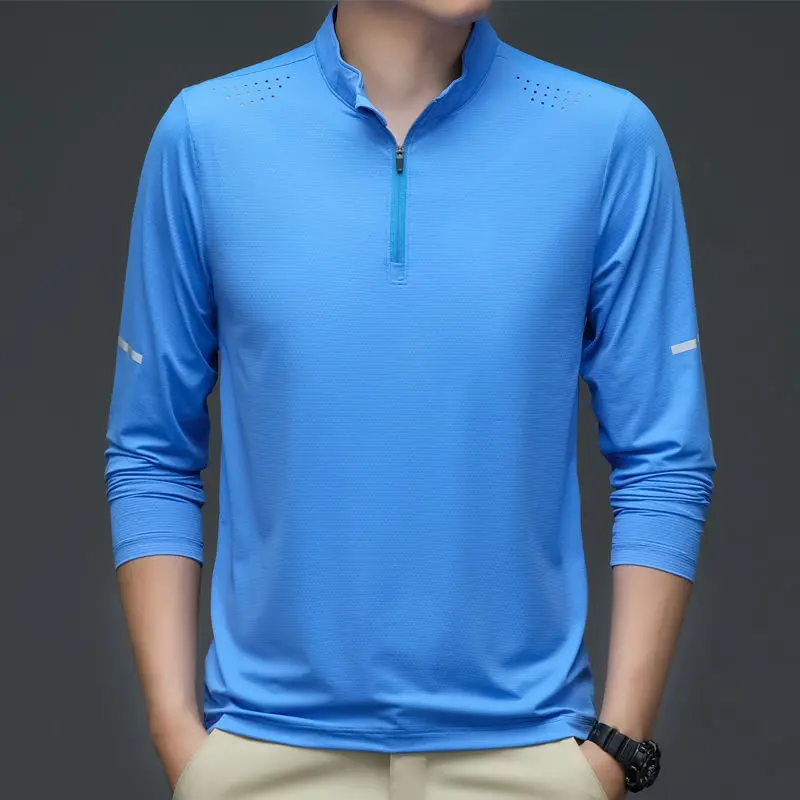 Summer Long Sleeve Ice Silk T-shirt Solid Half Zip Stand Collar Korean New Breathable Sweat Absorbing Sports Quick Dry Thin Tops