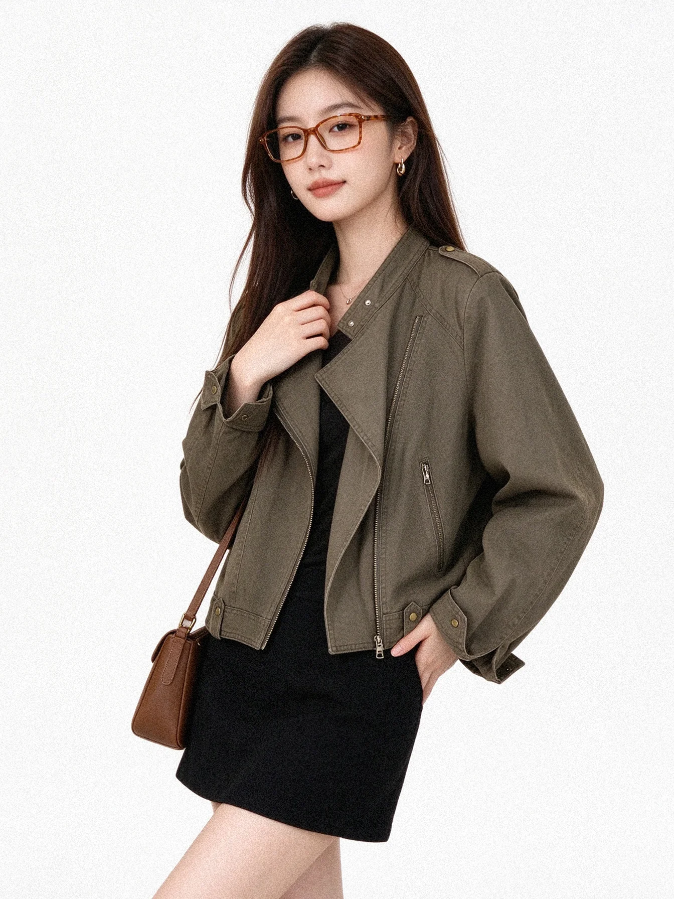 Retro Korean Style Short Motorcycle Jacket Vintage Worn-look Loose Fit Versatile Autumn Workwear Coat for Women
