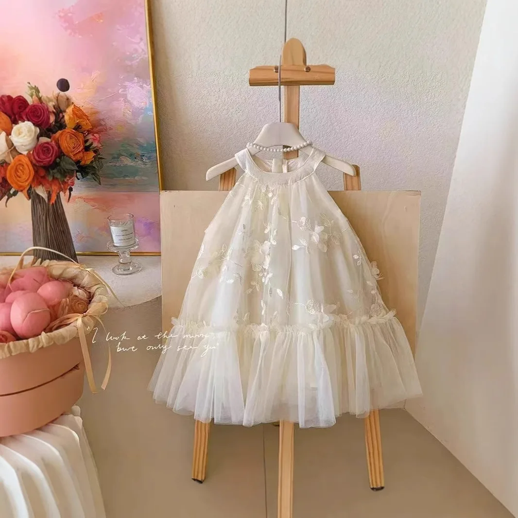 

Dress 2025 Spring and Summer Children's Simple High-end Three-dimensional Petal Neck Mesh Dress Vacation Style