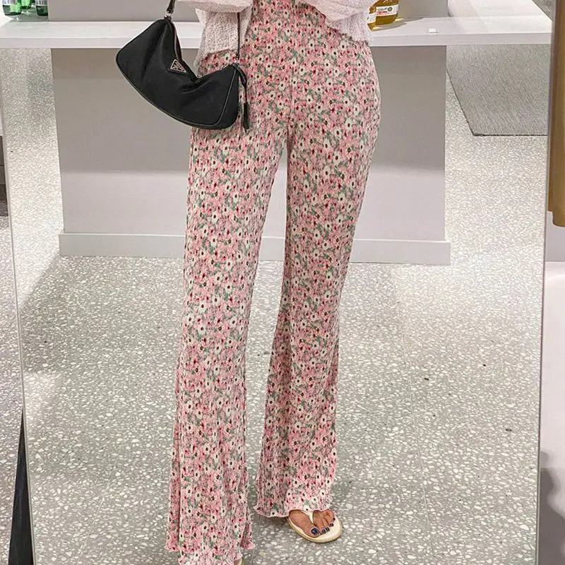 

Slim Stretch Ruched Pleated Pant Elastic Waist Summer High Street Korean Clothing Folds Trouser Boho Flower Long y2k women pants