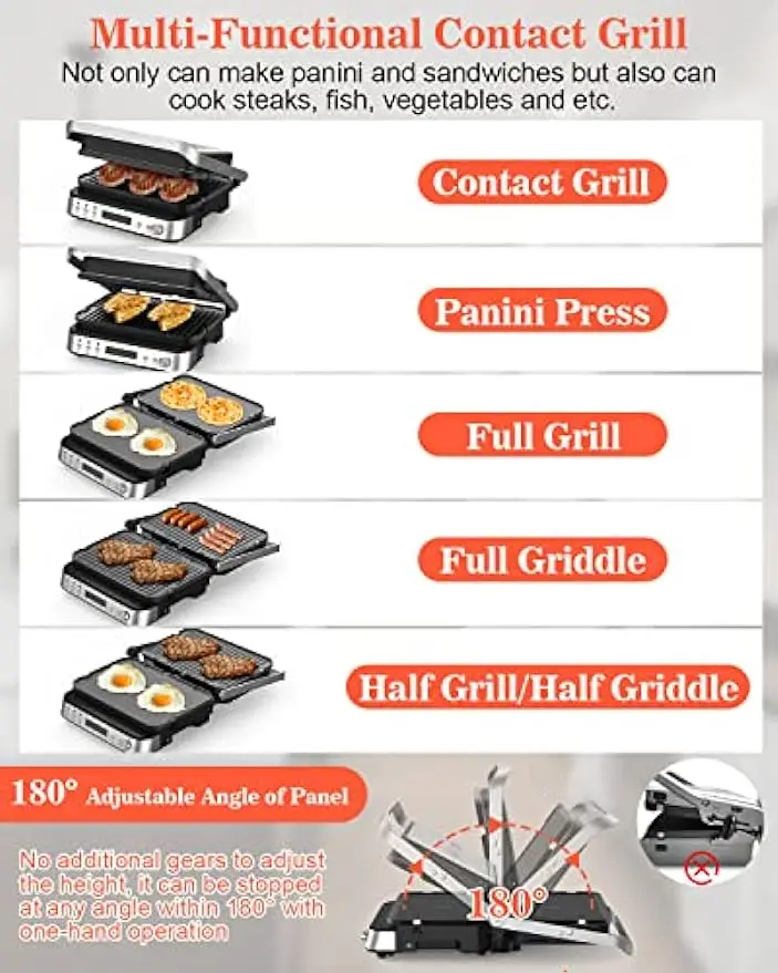 5 in 1 Indoor Grill, Panini Press Grill Sandwich Maker, CATTLEMAN CUISINE Electric Contact Grill and Griddle