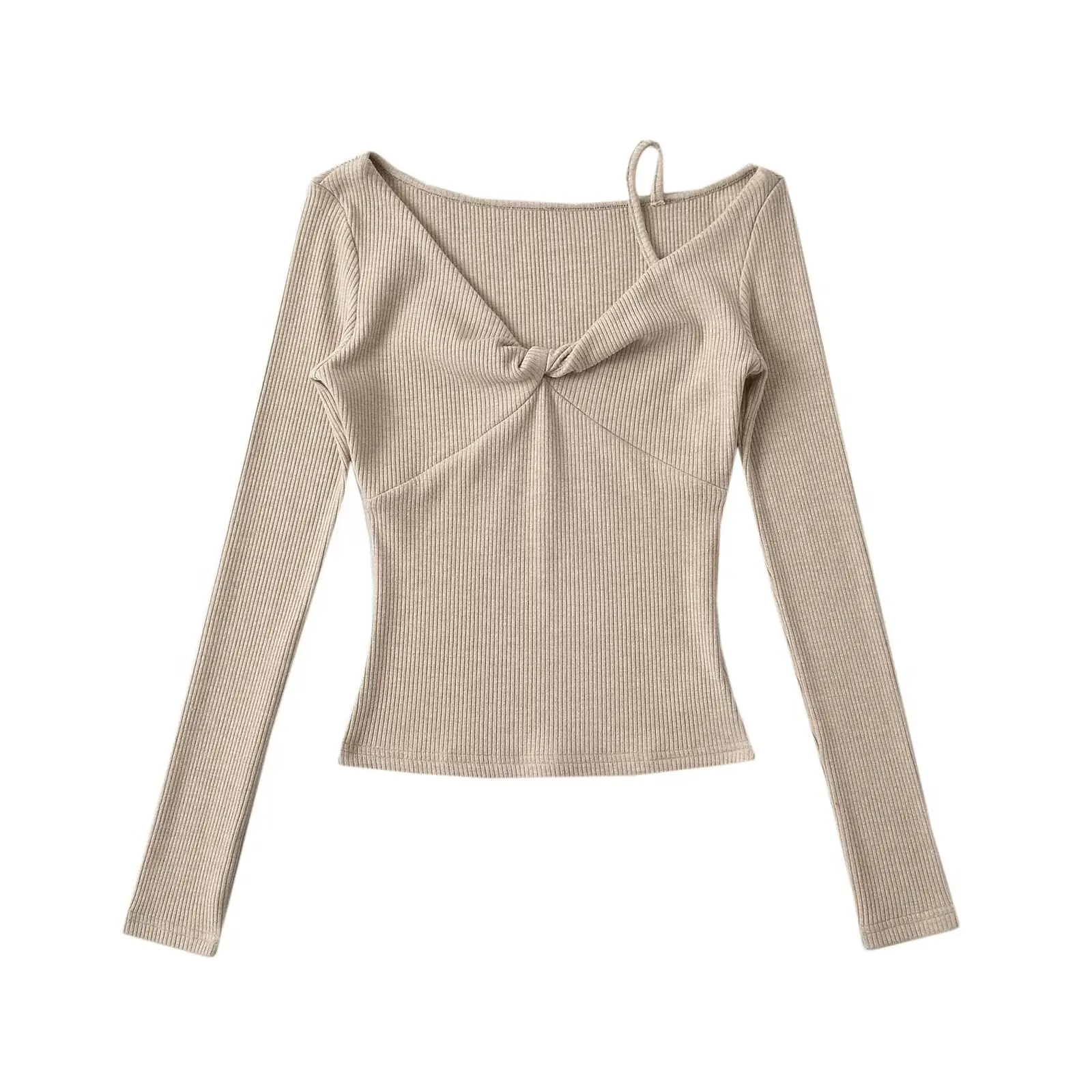 Slim Fit V-Ne Gestrickte Basis irt Damen Lange Sve T-shirt Street Sle Low Cut Twist Knoten Taille Abnehmen ort Länge