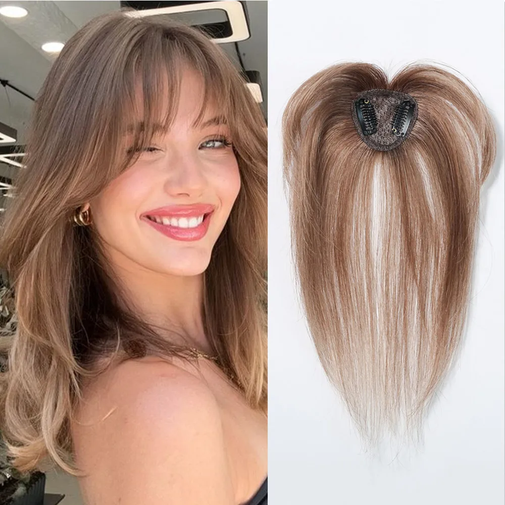 100% Remy Human Hair Toppers with Bangs Light Brown Hairpieces 3D Wispy Bangs for Women Thin Hair Real Human Hair Topper Clip In