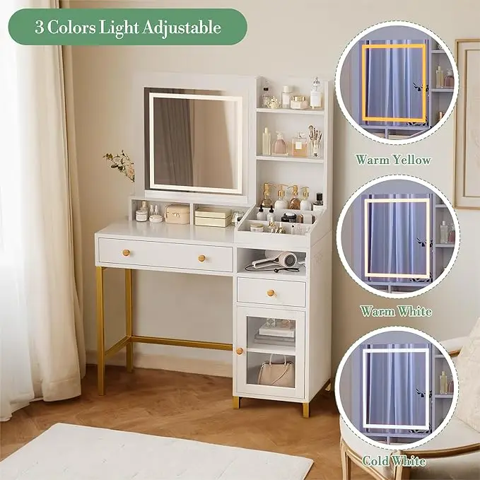 1 طاولة زينة بمرآة أكريليك LED من الحديد الأكريليك