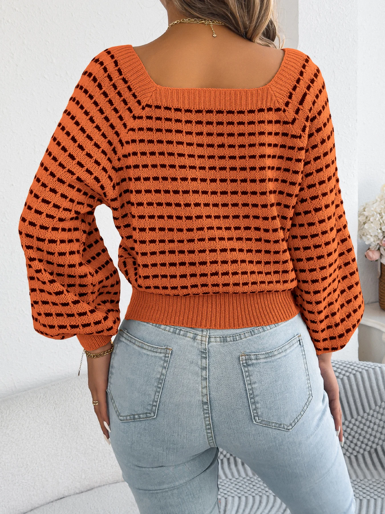 Damen-Pullover mit quadratischem Ausschnitt, gestreift, Farbblock, tailliert, langärmelig, für Herbst und Winter, Getaway-Strickoberteil