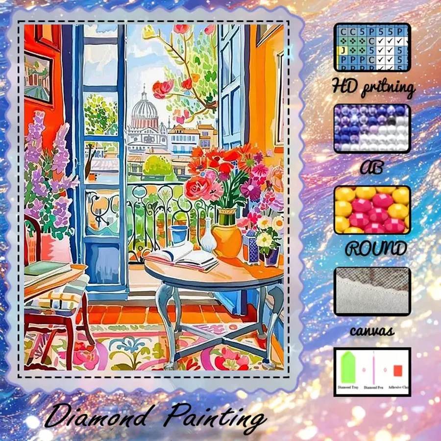 

1 piece - 5D-DIY - Flocking cloth - Special drill - Diamond painting set - Window view, flower - Mosaic - Diamond art