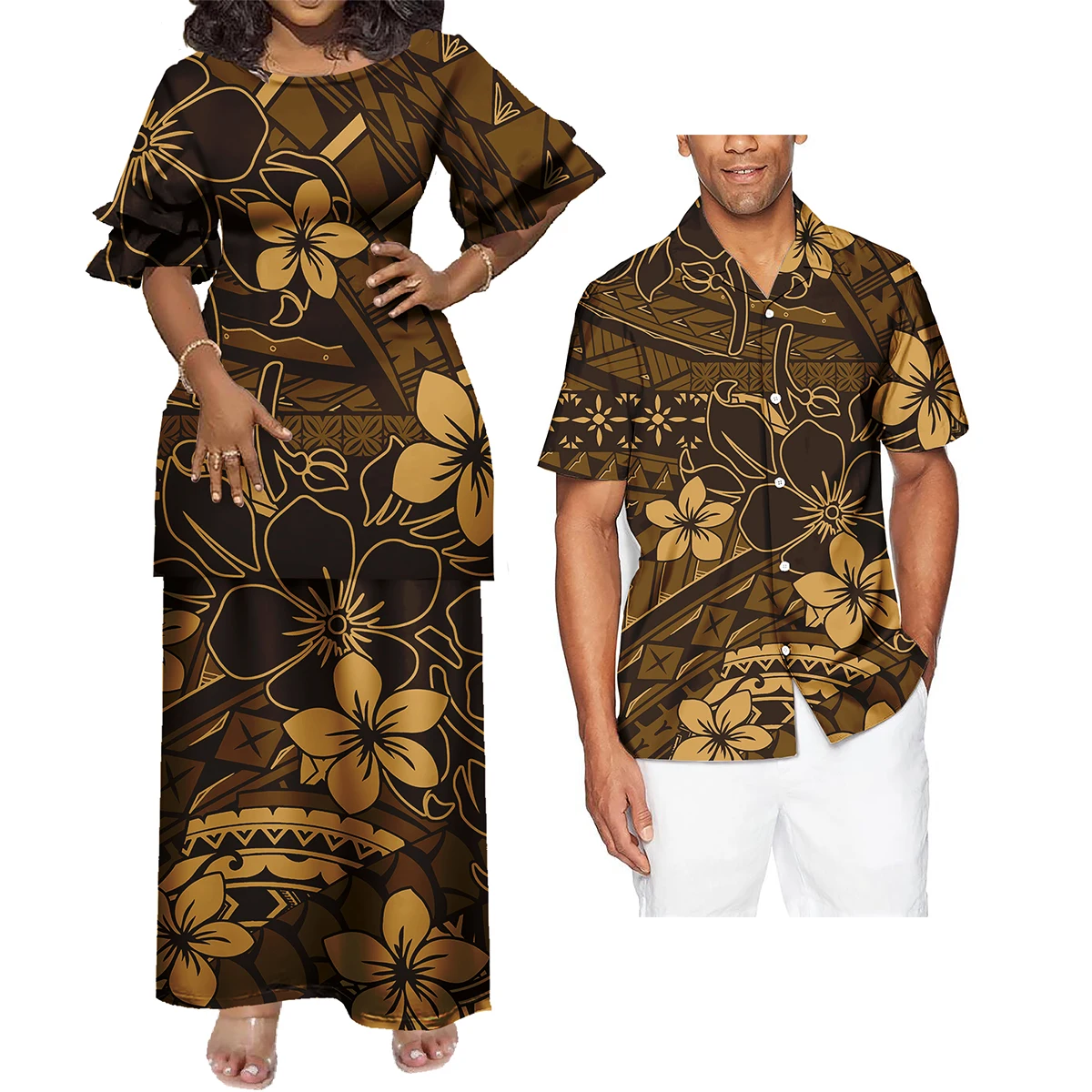 Wholesale Custom Polynesian Tonga Tribal Design Couples Matching Outfits Maxi Dress And Mens Shirts Aloha