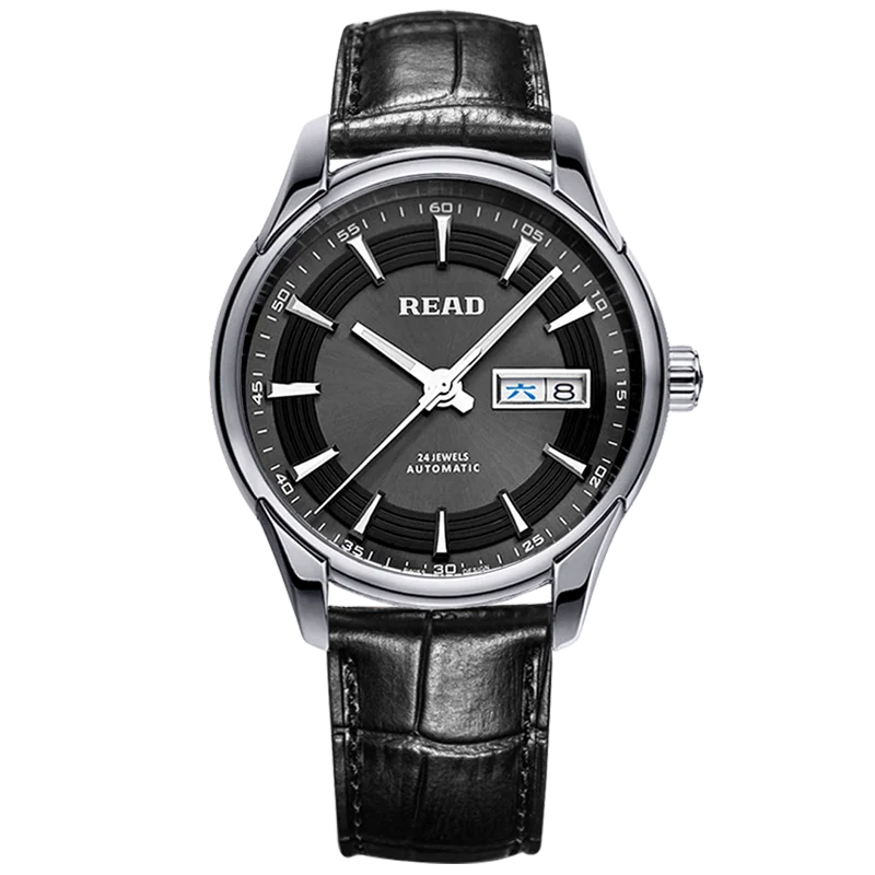 read-men-automatic-watch-black-leather-strap-black-dial-day‑date-display-hard-glass-mirror-50m-water-resistant