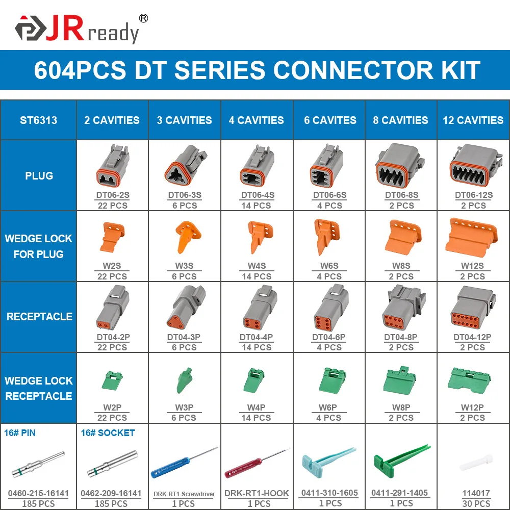 JRready ST6313 DT Deutsch Connector Kit, 2 3 4 6 8 12 Pin Gray DT Connectors, Size 16 Solid Contacts Teriminals 14-20AWG 604PCS