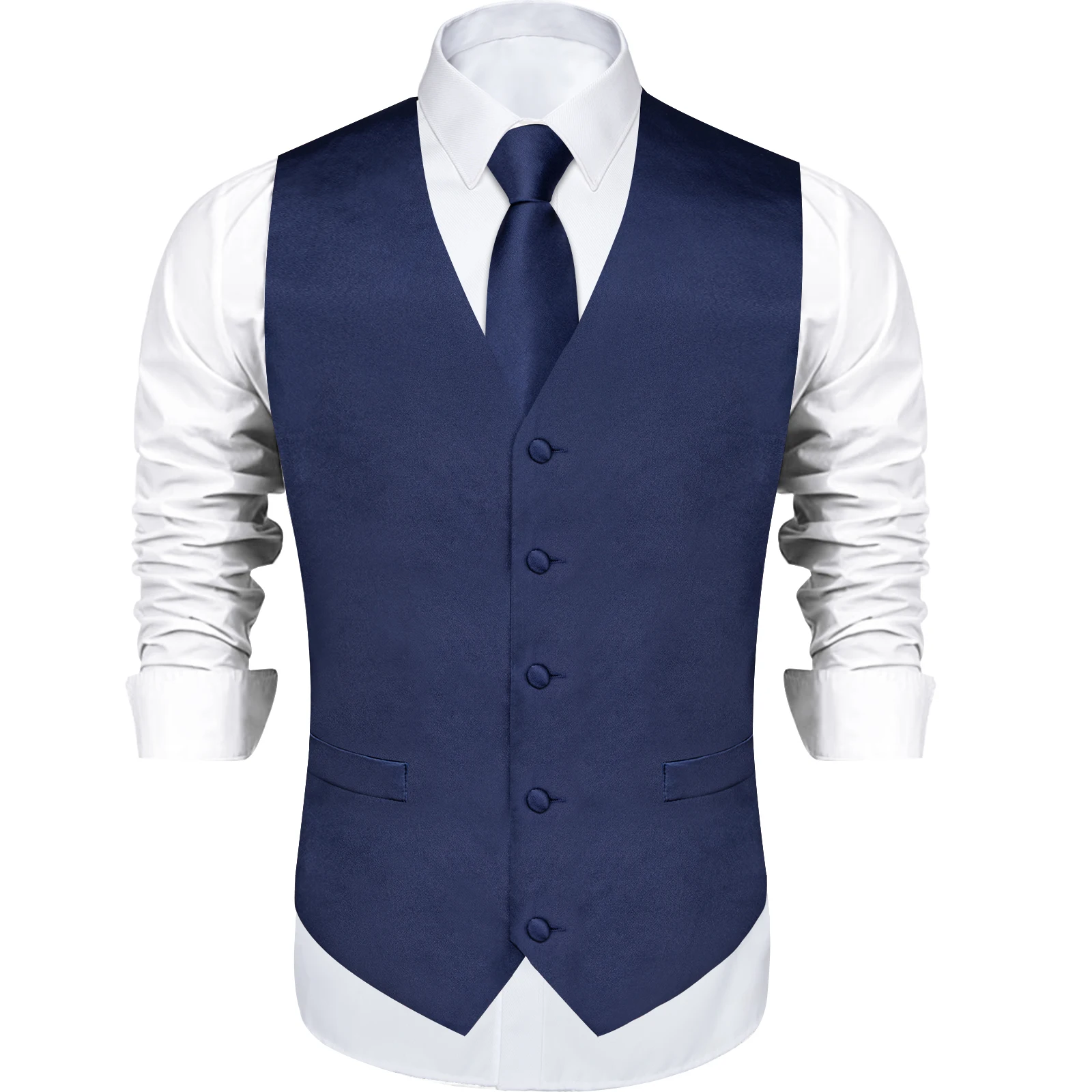 Satin Men\'s Solid Blue Suit Vest with Tie Handkerchief Cufflinks Business Formal Waistcoat Wedding Prom Men Sleeveless Jacket