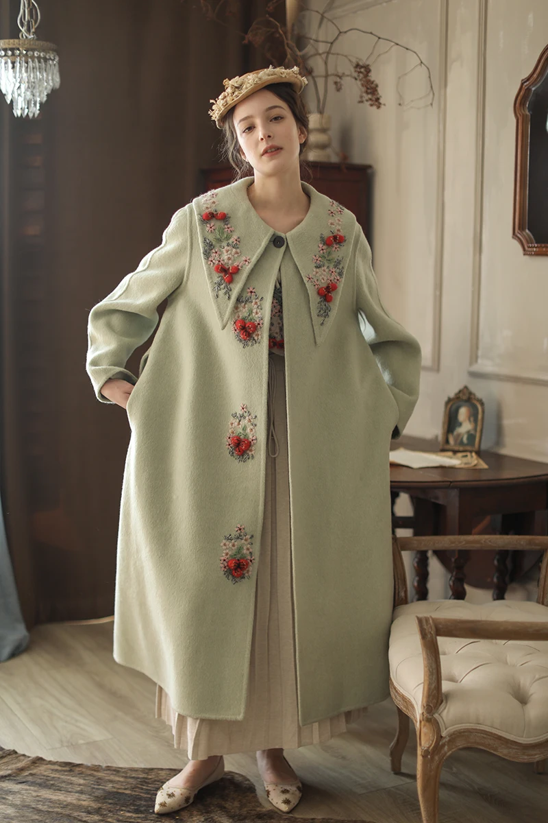 LYNETTE\'S CHINOISERIE Autumn Winter Women Mori Girls Vintage Hand Embroidered Elegant Long Blue Green Woolen Overcoats