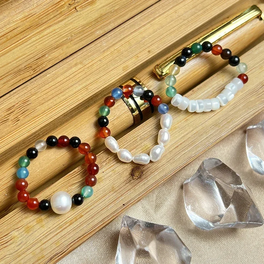 Women\'s Natural Stone Freshwater Pearl Shell Ring Set Elastic Line Adjustable Ring Stylish Simple Wedding Jewelry Gifts