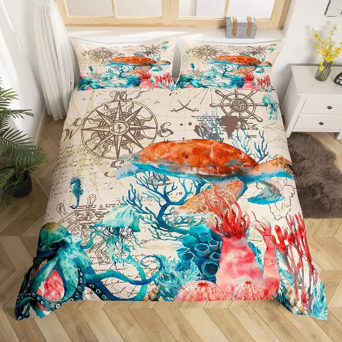 

3D Octopus Sea Turtle Duvet Cover Retro Sailboat Crab Reptile Bedding Set Marine Mediterranean Style Jellyfish Comforter Cover