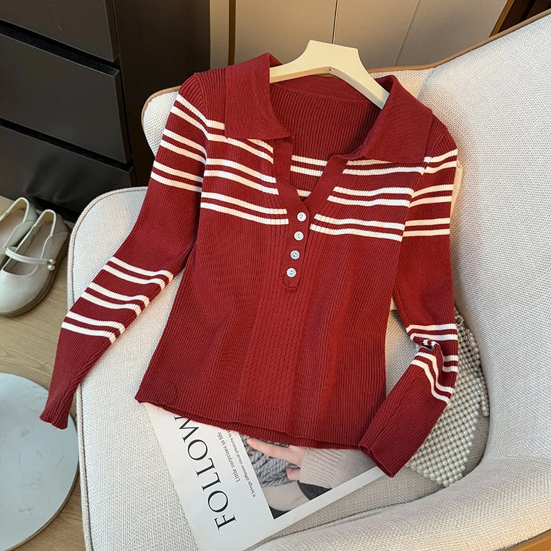 Elegante dames effen slanke trui contrasterende kleur gestreepte revers gebreide trui met lange mouwen