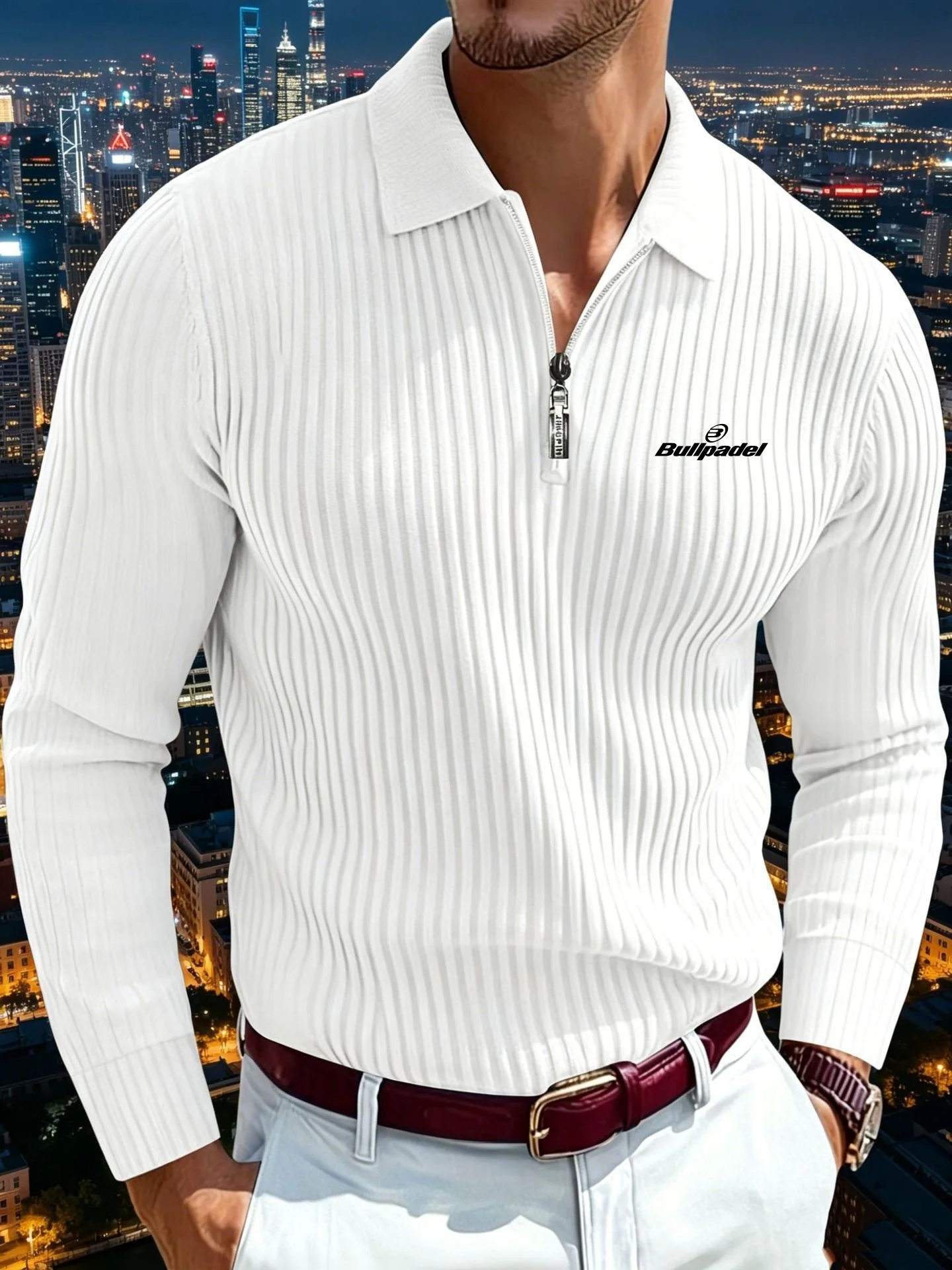 Men's Slim-fit Long Sleeve Polo Shirt Printed Knitted Stand-up Collar Business Zipper European American Style Cross-border