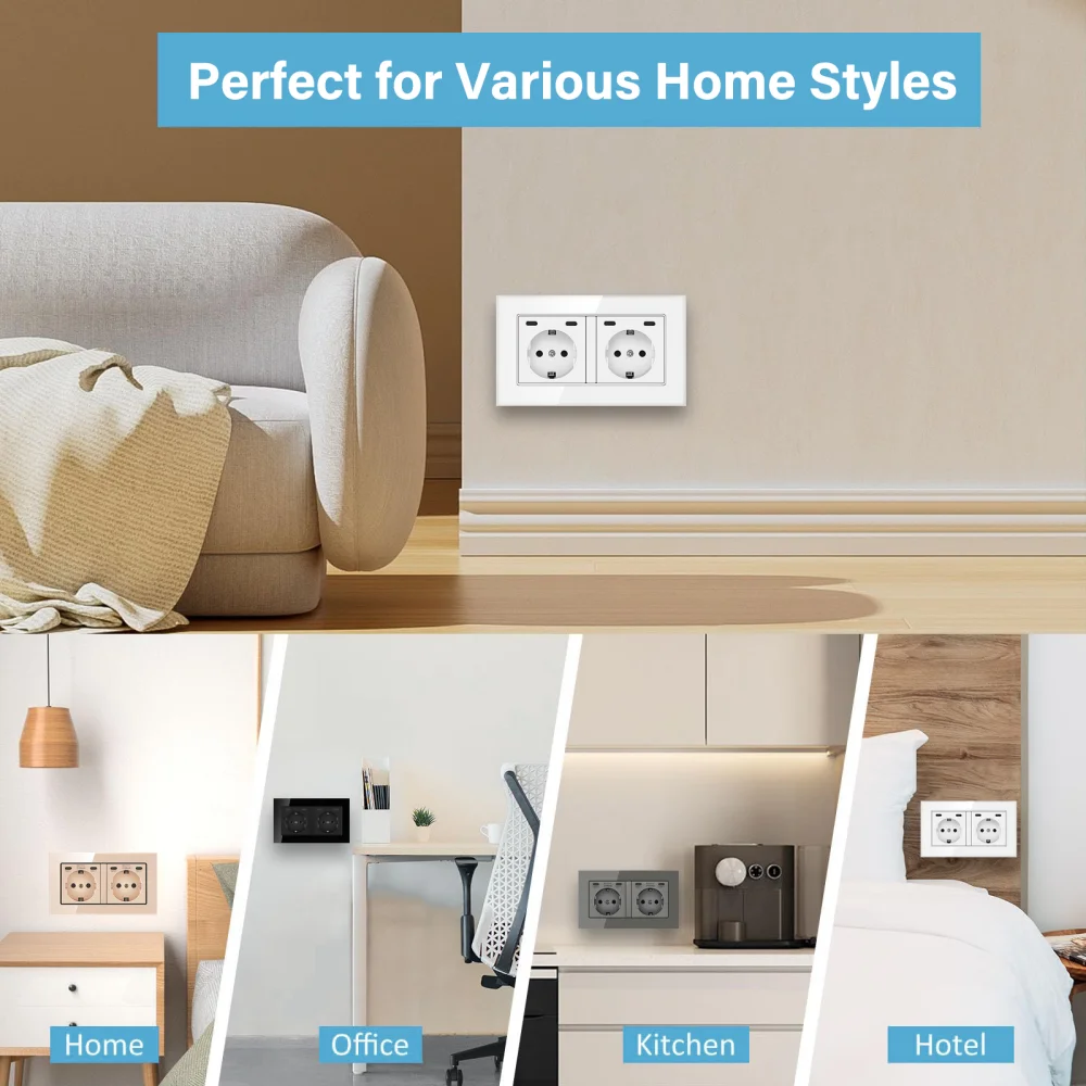 EIOMR EU Standard USB-C Power Double Socket, AC 250V 16A Flush Mount Wall Socket, 5V 2.1A USB-C Port Standard Electrical Outlet view 5